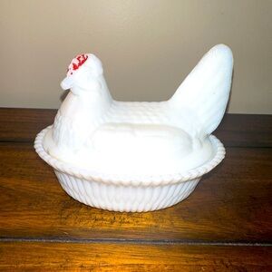 Vintage Kemple White Milk Glass Hen Chicken on Nest Covered Dish Farmhouse Decor
